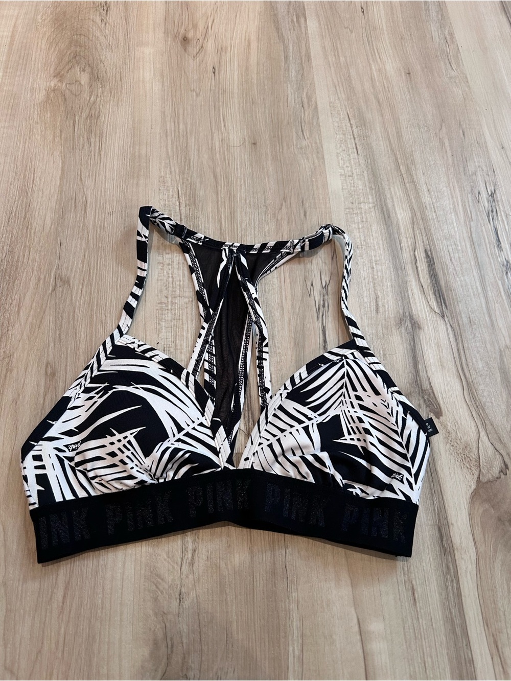 PINK Victoria's Secret size small Black & White Palm-Print Racerback sports bra